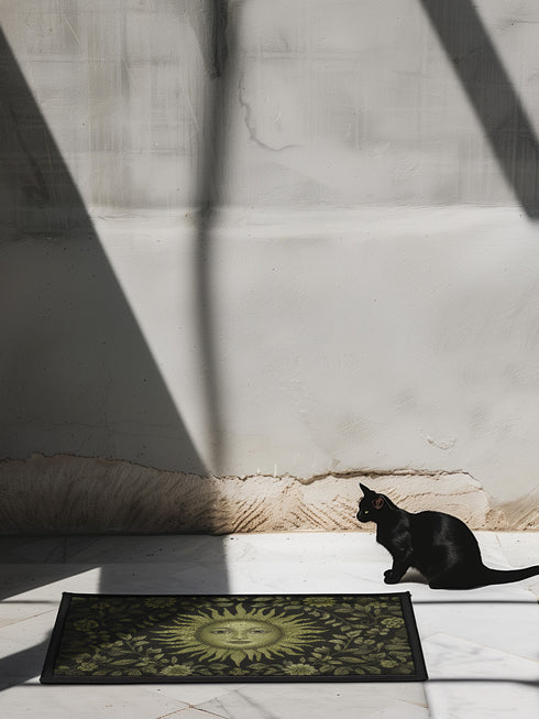 Witchy home décor doormat with an enchanting olive green sun face surrounded by flowing botanicals and foliage on a rich black background, ideal for adding earth-centered mysticism to any entrance.